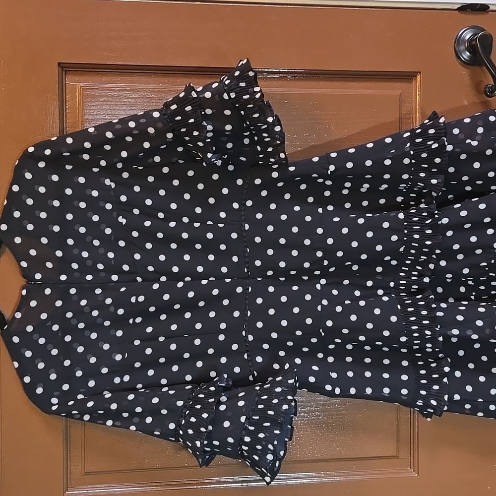 Keepsake-Blk/white polka dot dress with ruffled sleeves & skirt Sz M/L - Picture 6 of 9